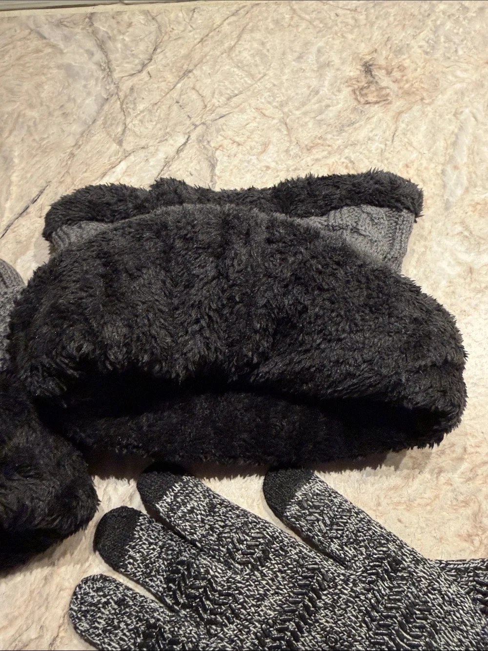 Women's Gray Knit Beanie, Neck Warmer & Gloves Set - Faux-Fur Trim